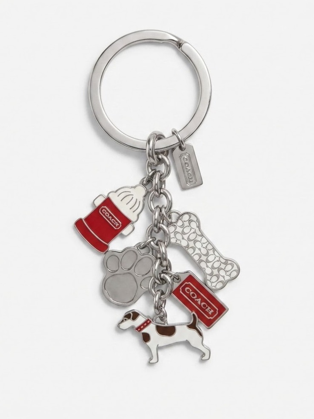 NWOT COACH Y2K Dog Lover Charm Keychain Silver Red Fire Hydrant Paw Bone 4"